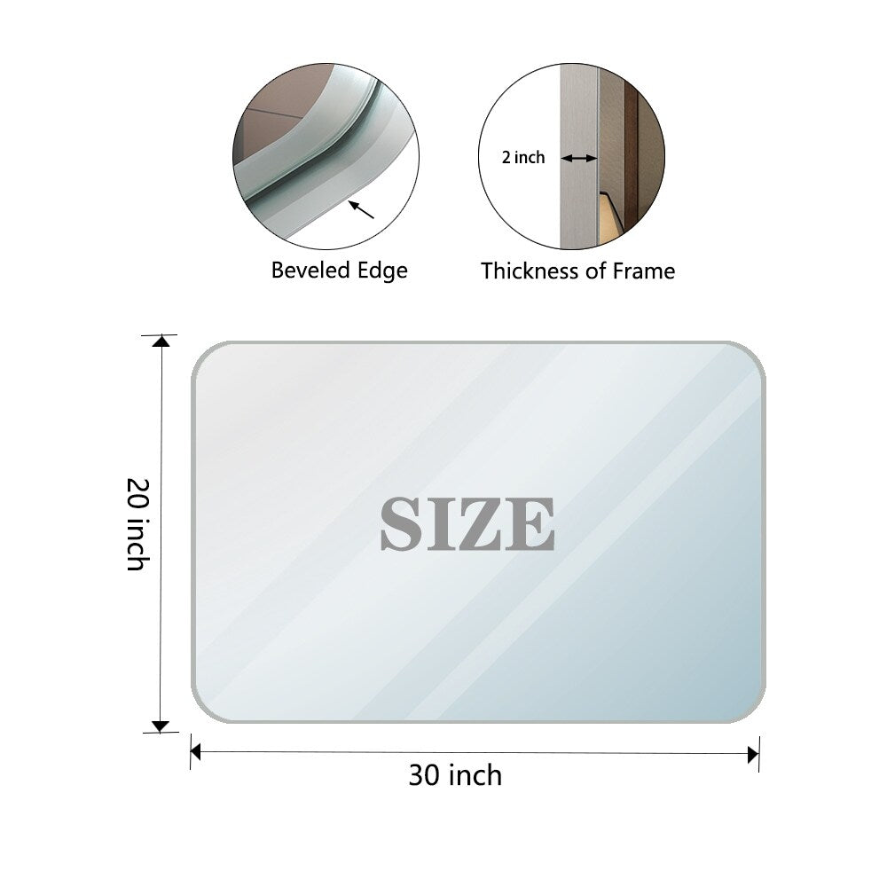30x20”Rounded Corner Rectangle Wall Mounted Bathroom Mirror,Metal Frame - Silver - 30x20inch