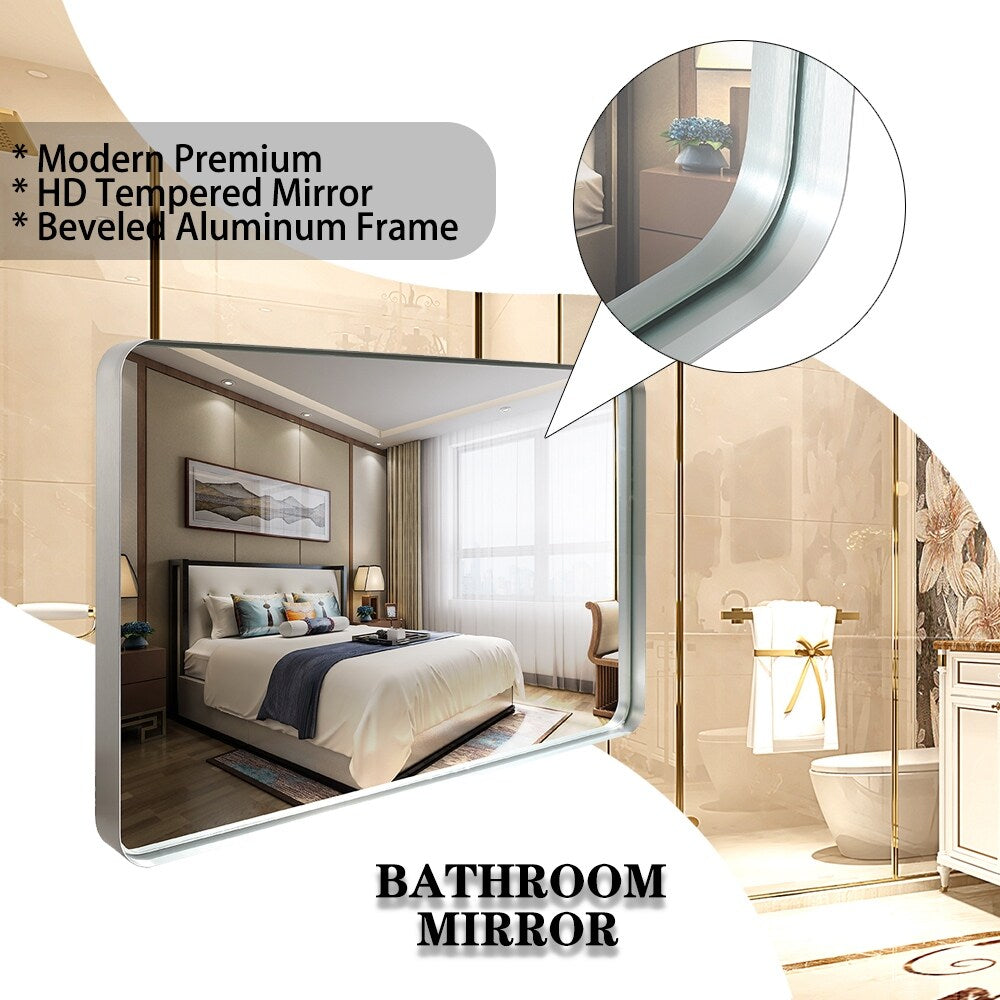 30x20”Rounded Corner Rectangle Wall Mounted Bathroom Mirror,Metal Frame - Silver - 30x20inch