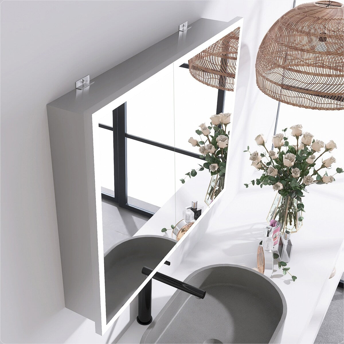 30x24 inch Rectangular LED Lighted Bathroom Medicine Cabinet with Mirror, Aluminum Frame, Dimmable, Double Doors