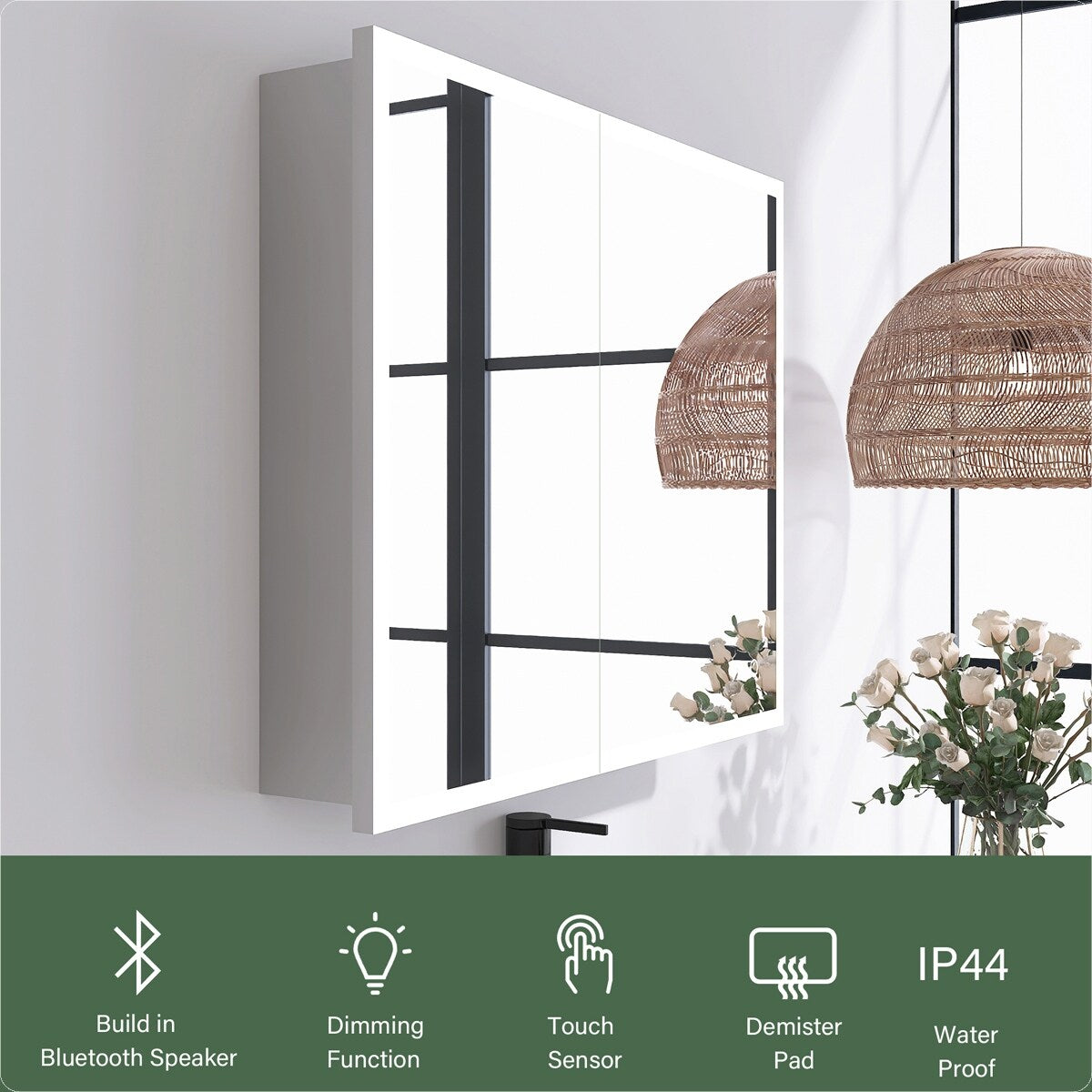 30x24 inch Rectangular LED Lighted Bathroom Medicine Cabinet with Mirror, Aluminum Frame, Dimmable, Double Doors