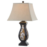 31 Inch Table Lamp, Curved Cubic Beige Shade, Sturdy Plinth Multicolor Base