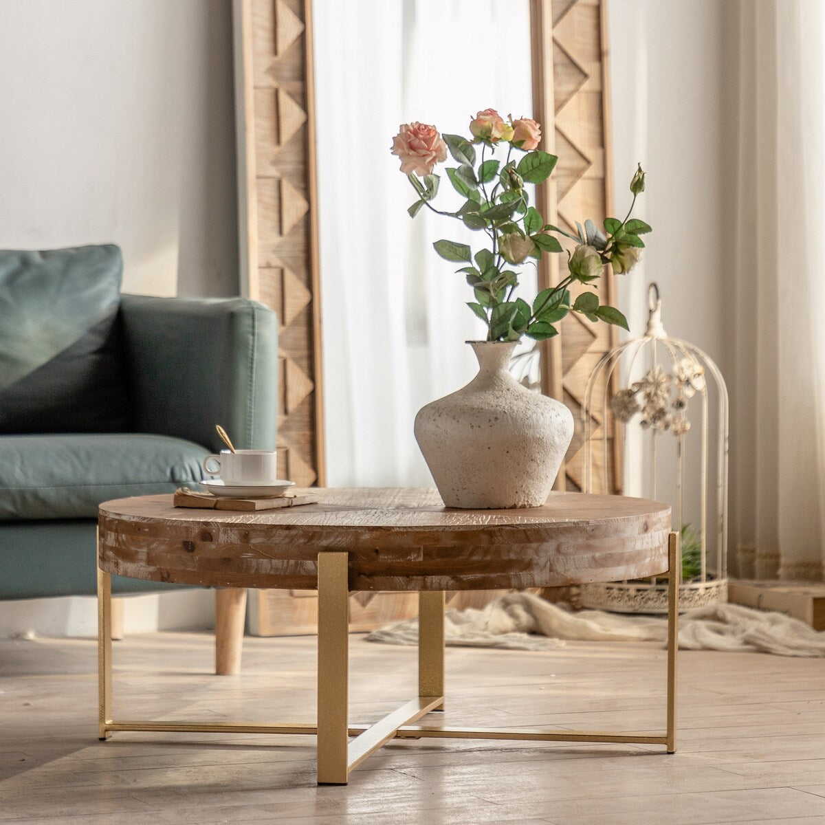 31.29" Splicing Round Coffee Table,Fir Wood Table Top with Gold Cross Legs Base