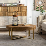 31.29" Splicing Round Coffee Table,Fir Wood Table Top with Gold Cross Legs Base