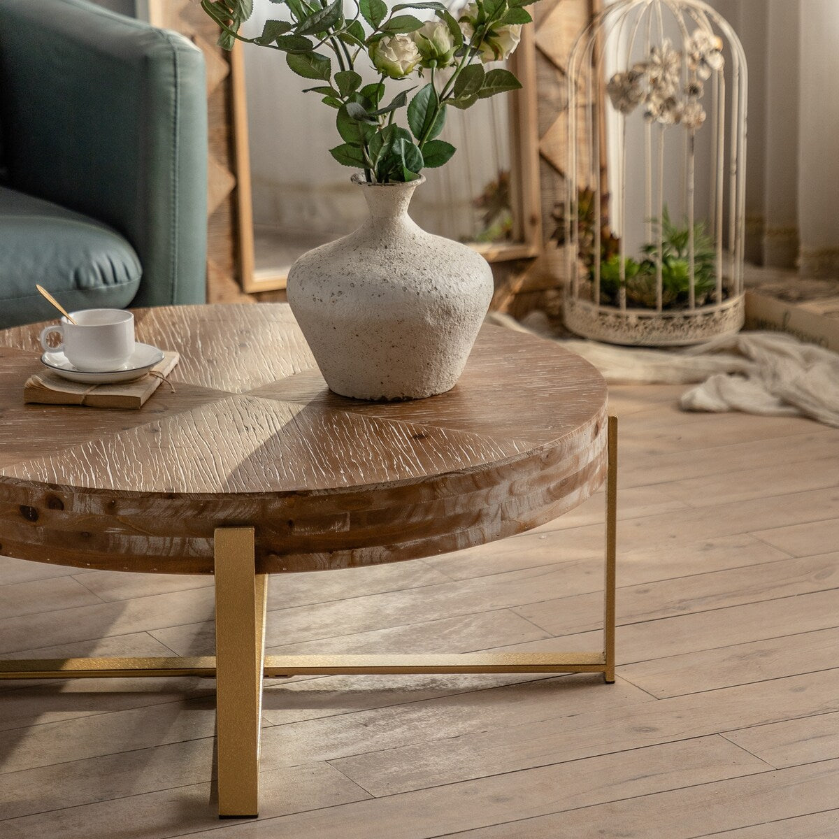 31.29" Splicing Round Coffee Table,Fir Wood Table Top with Gold Cross Legs Base