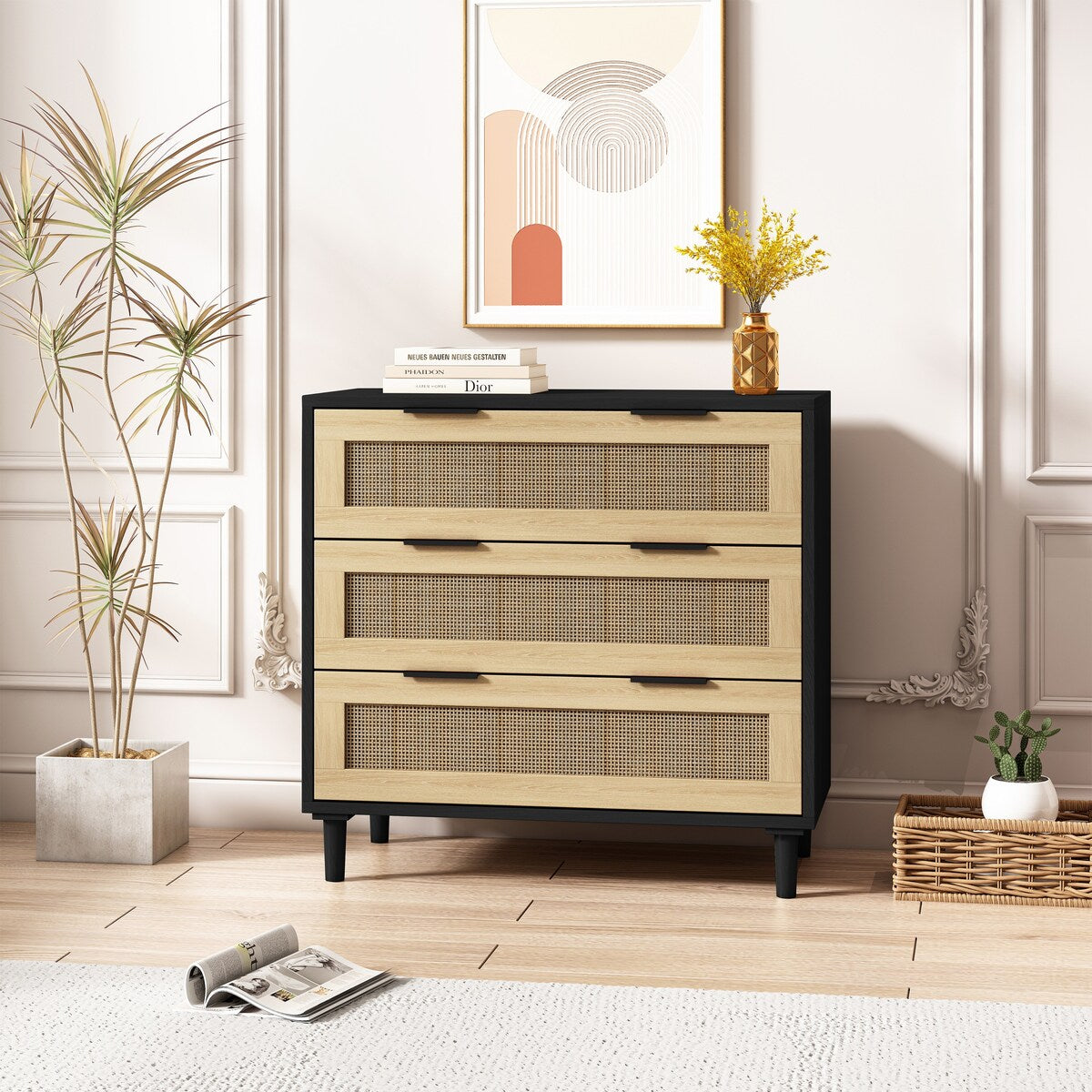 31.50"3-Drawers Rattan Storage Cabinet Rattan Drawer,for Bedroom,Living Room,Dining Room