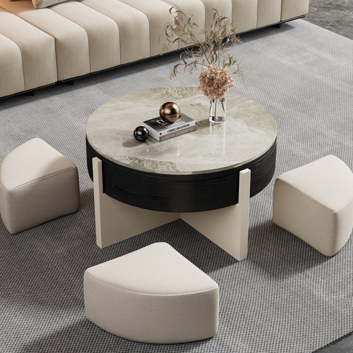 31.5" Modern Coffee Table, Lift Top Coffee Table with 3 Ottomans, Black - 31.5" X 31.5"