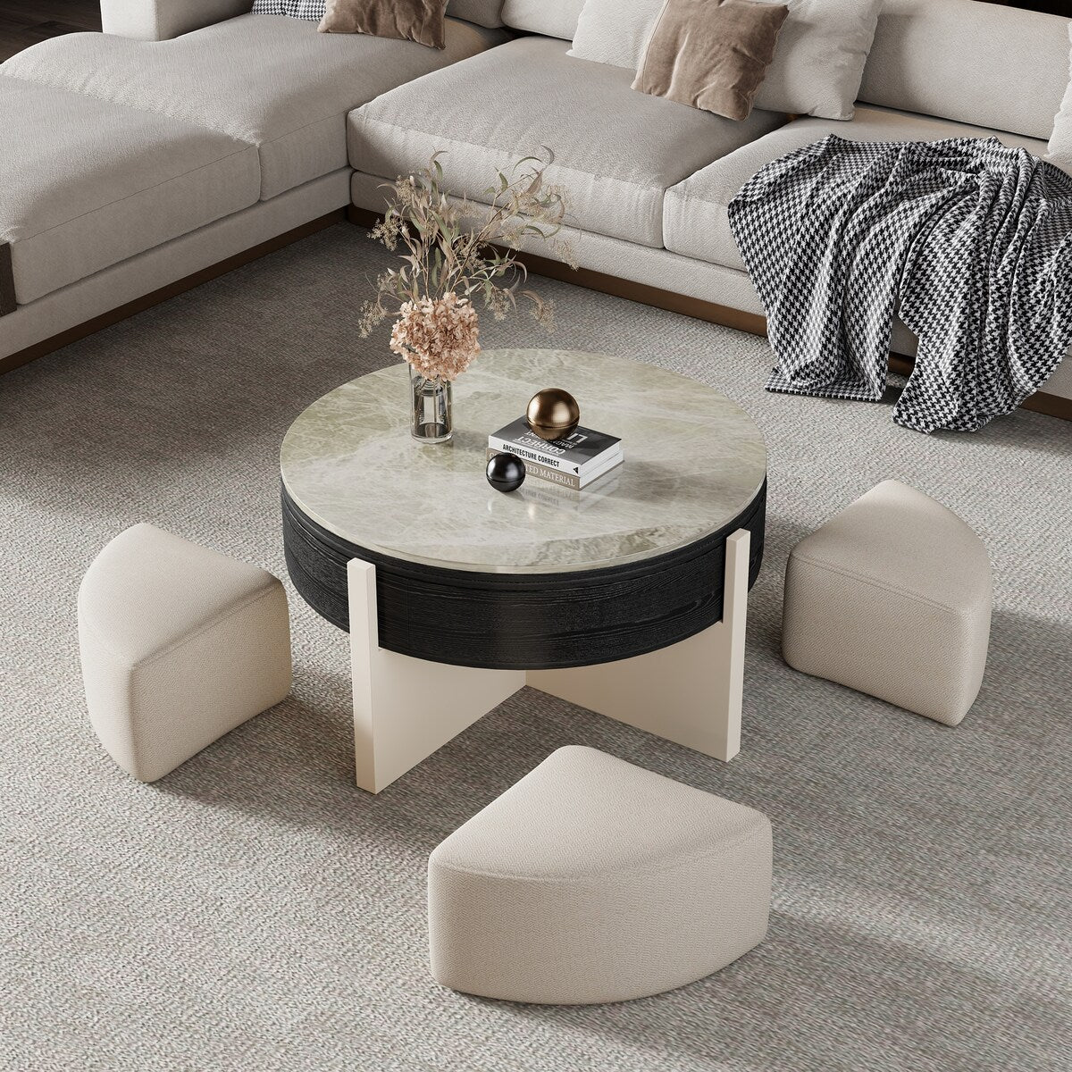 31.5" Modern Coffee Table, Lift Top Coffee Table with 3 Ottomans, Black - 31.5" X 31.5"