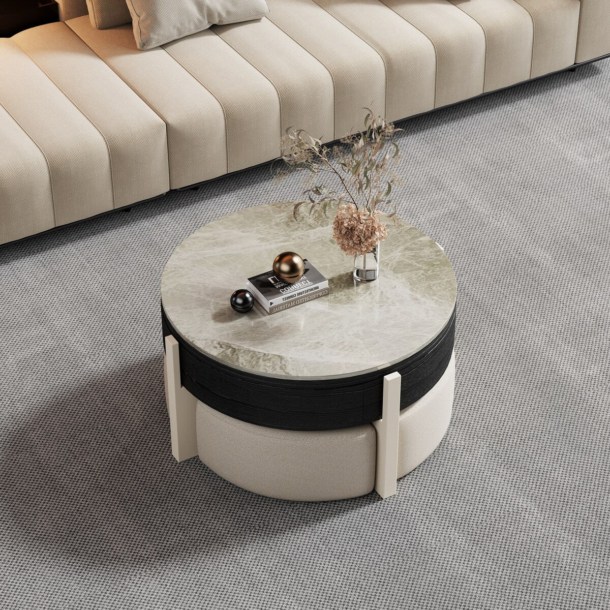 31.5" Modern Coffee Table, Lift Top Coffee Table with 3 Ottomans, Black - 31.5" X 31.5"