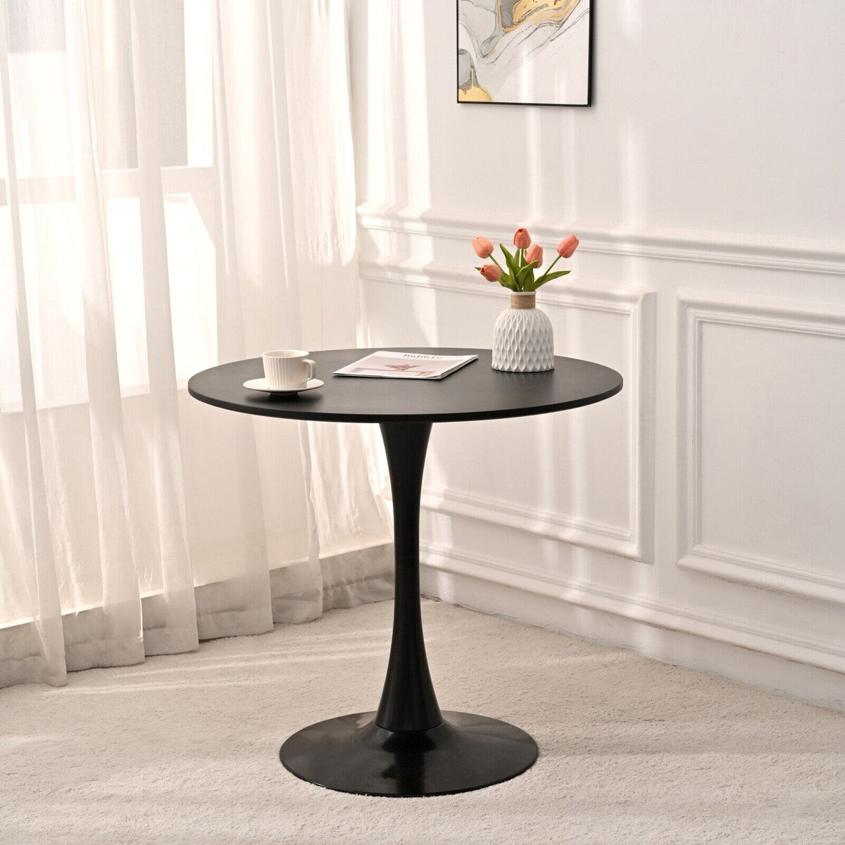 31.5" Round Dining Table, Black Tulip Table, Metal Base Pedestal Table for 2-4 Person,Easy Assembled Leisure Coffee Table