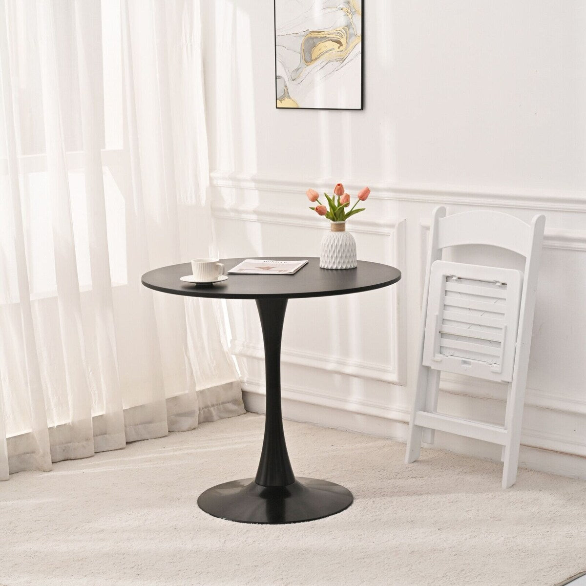 31.5" Round Dining Table, Black Tulip Table, Metal Base Pedestal Table for 2-4 Person,Easy Assembled Leisure Coffee Table