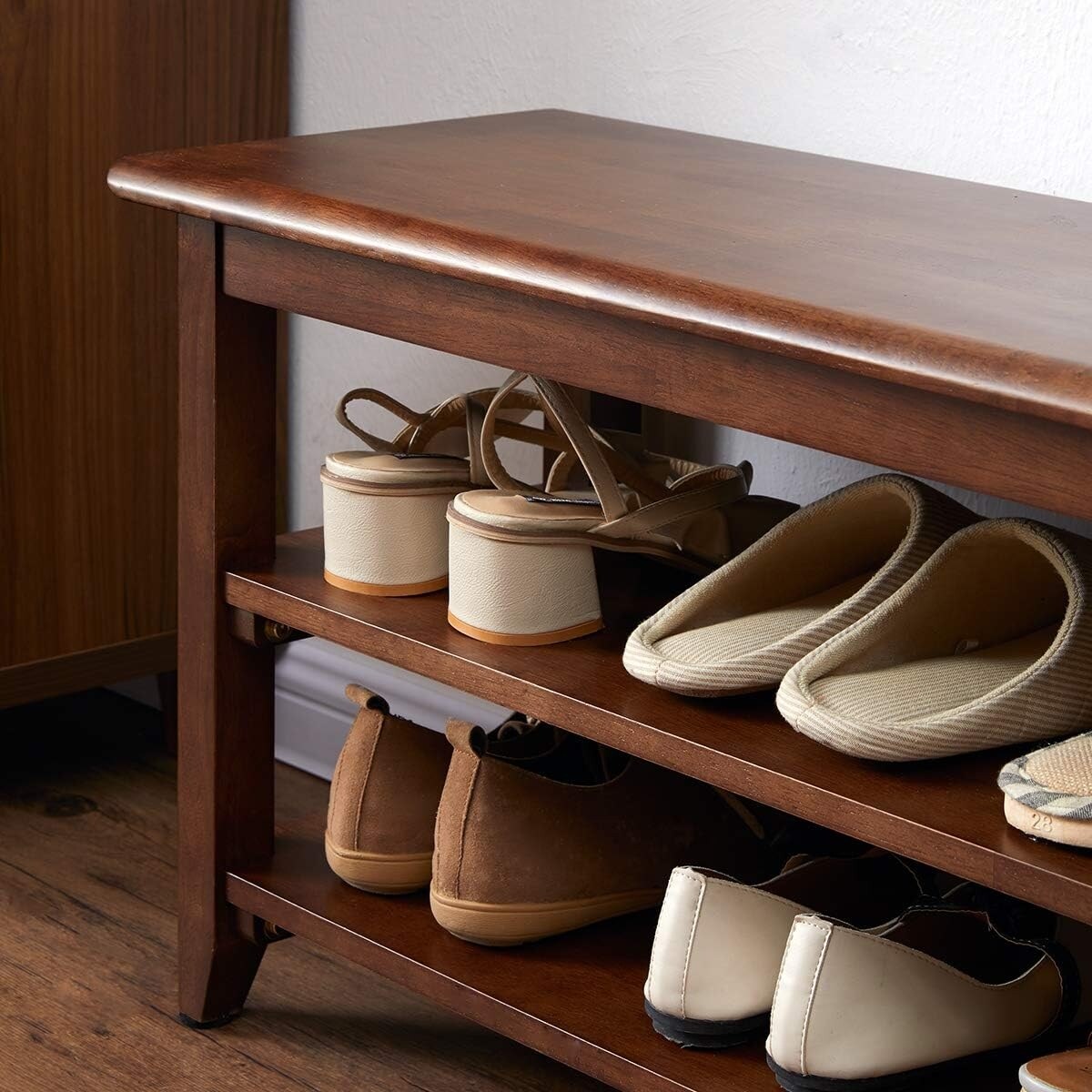 31.5" Storage Bench Wooden Shoe Bench Rustic Solid Wood Entryway Bench
