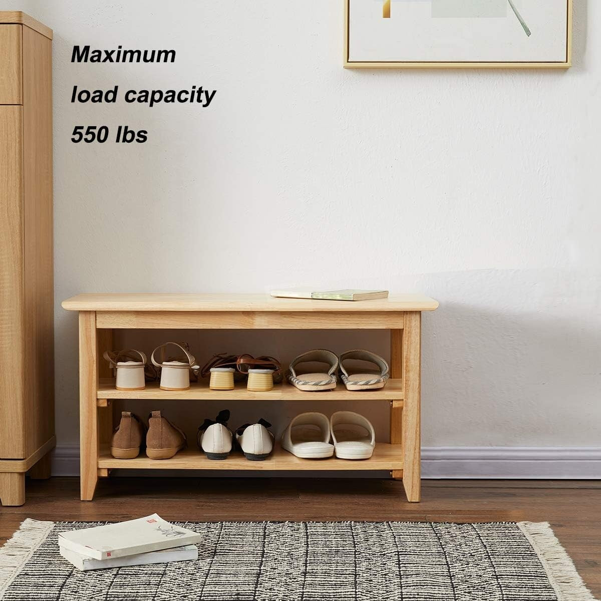 31.5" Storage Bench Wooden Shoe Bench Rustic Solid Wood Entryway Bench