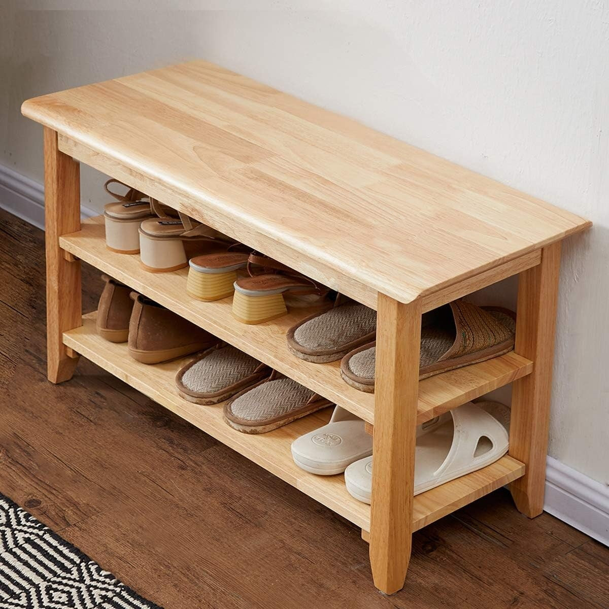 31.5" Storage Bench Wooden Shoe Bench Rustic Solid Wood Entryway Bench