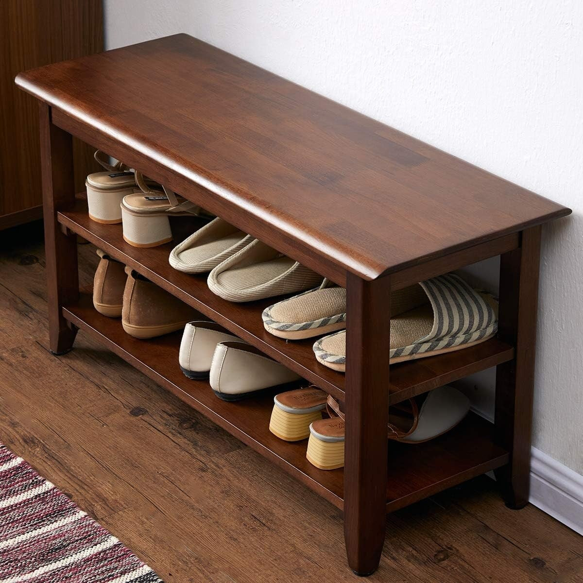 31.5" Storage Bench Wooden Shoe Bench Rustic Solid Wood Entryway Bench
