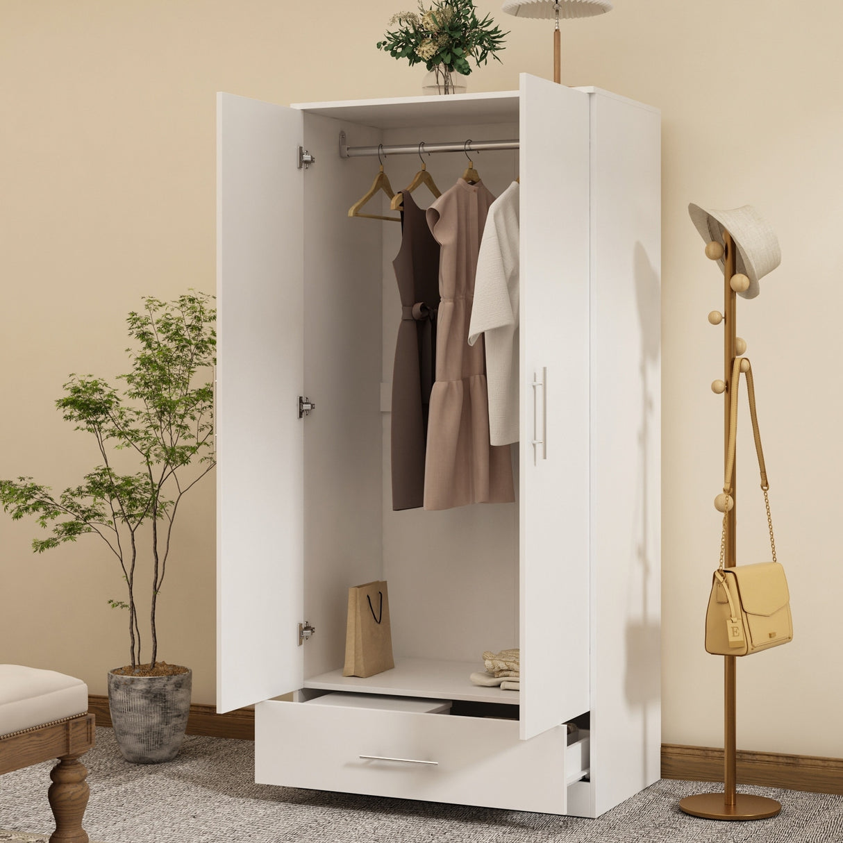 31.5"W x 66.9"H Wardrobe Armoire Cloest with Drawer In Black,White