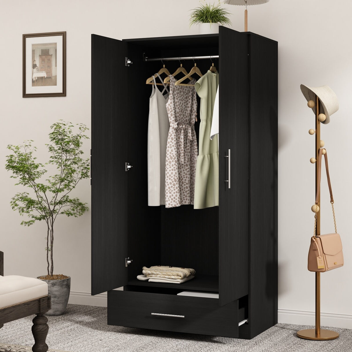 31.5"W x 66.9"H Wardrobe Armoire Cloest with Drawer In Black,White