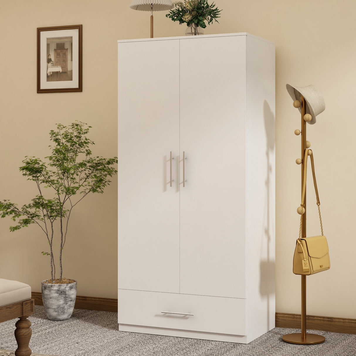 31.5"W x 66.9"H Wardrobe Armoire Cloest with Drawer In Black,White