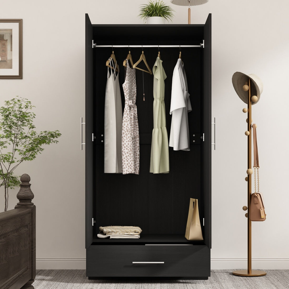 31.5"W x 66.9"H Wardrobe Armoire Cloest with Drawer In Black,White
