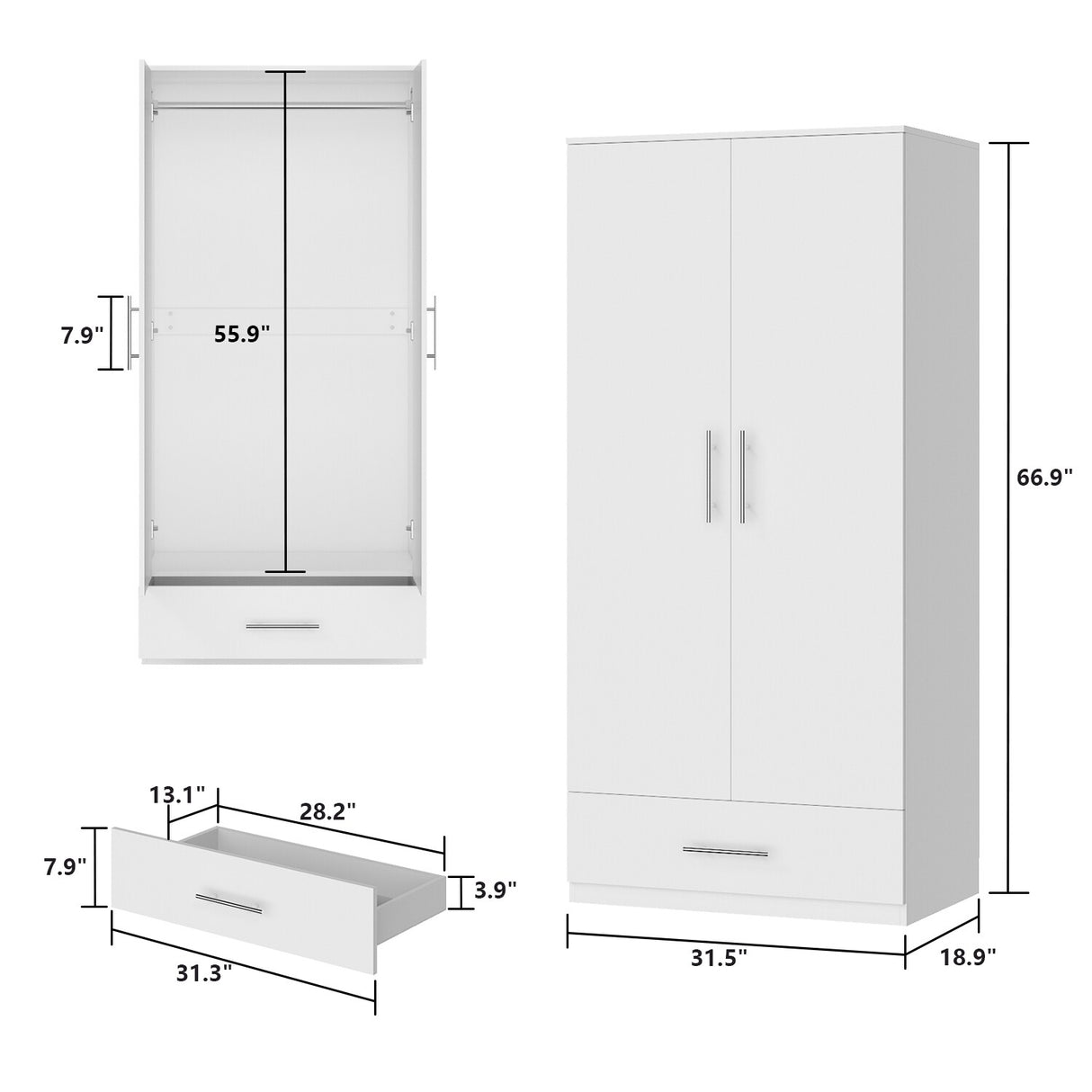 31.5"W x 66.9"H Wardrobe Armoire Cloest with Drawer In Black,White