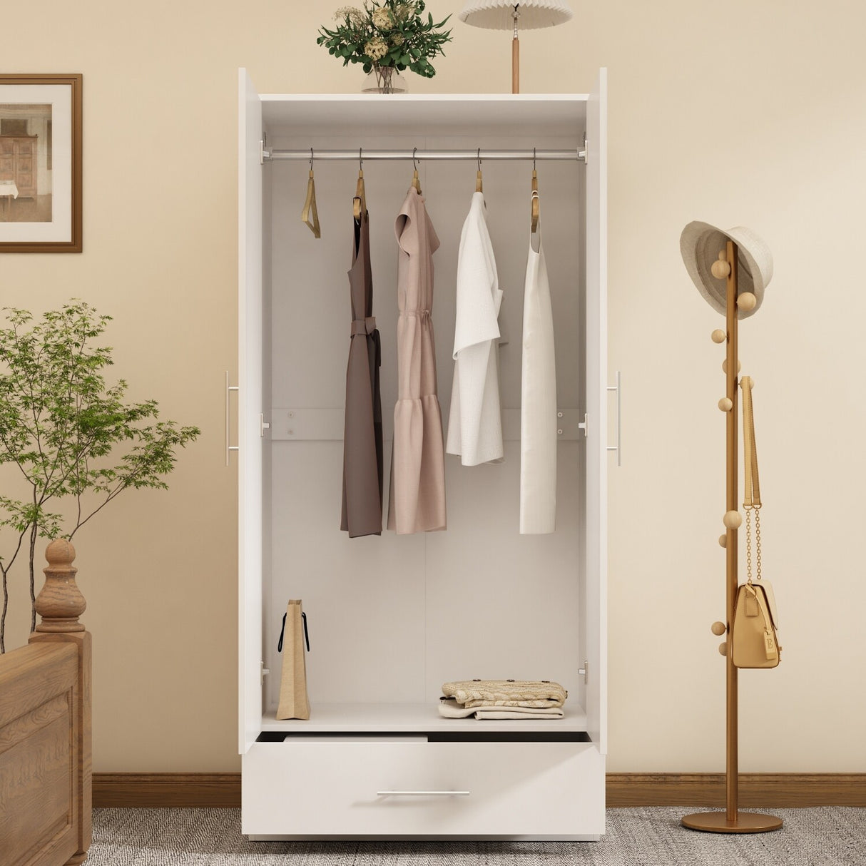 31.5"W x 66.9"H Wardrobe Armoire Cloest with Drawer In Black,White