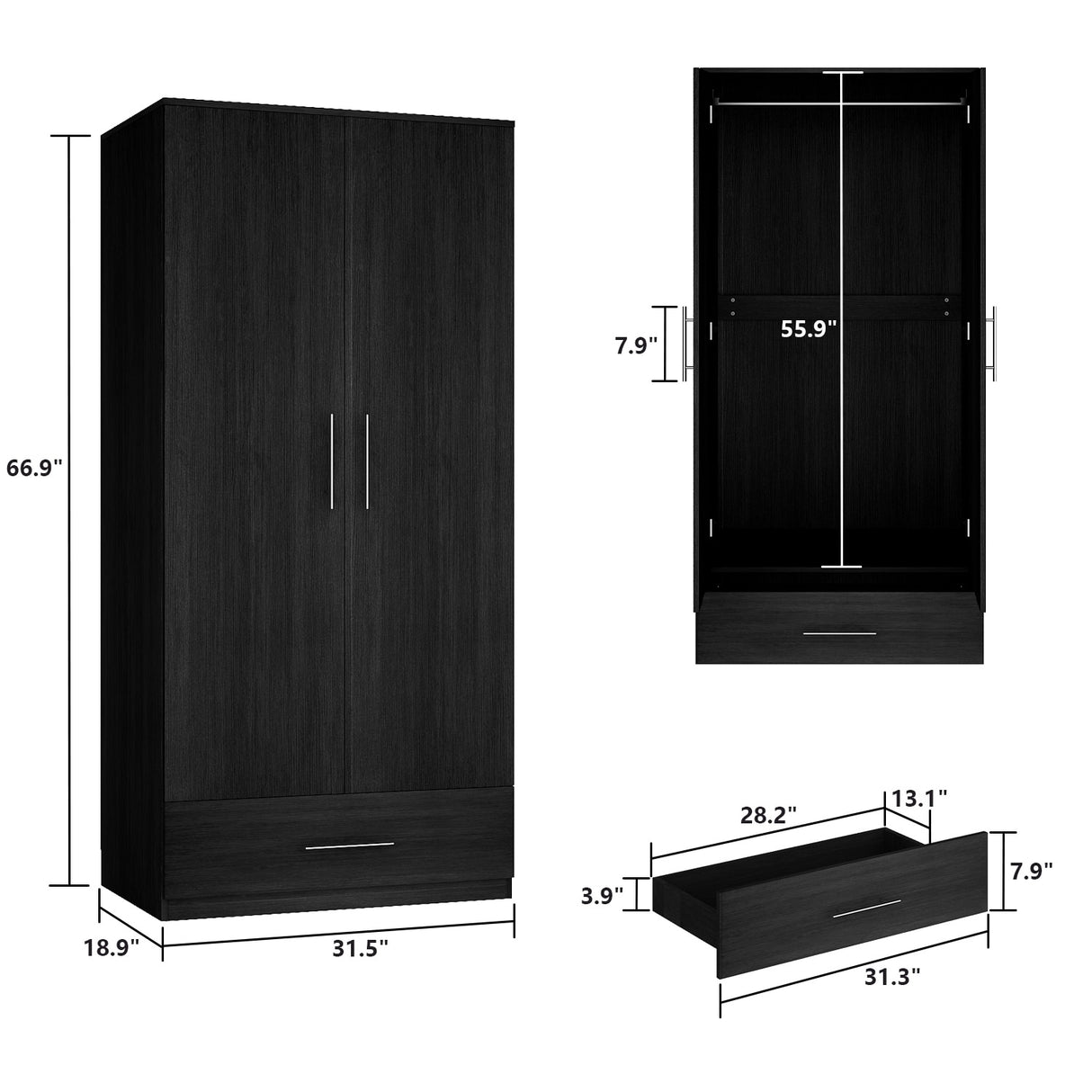 31.5"W x 66.9"H Wardrobe Armoire Cloest with Drawer In Black,White