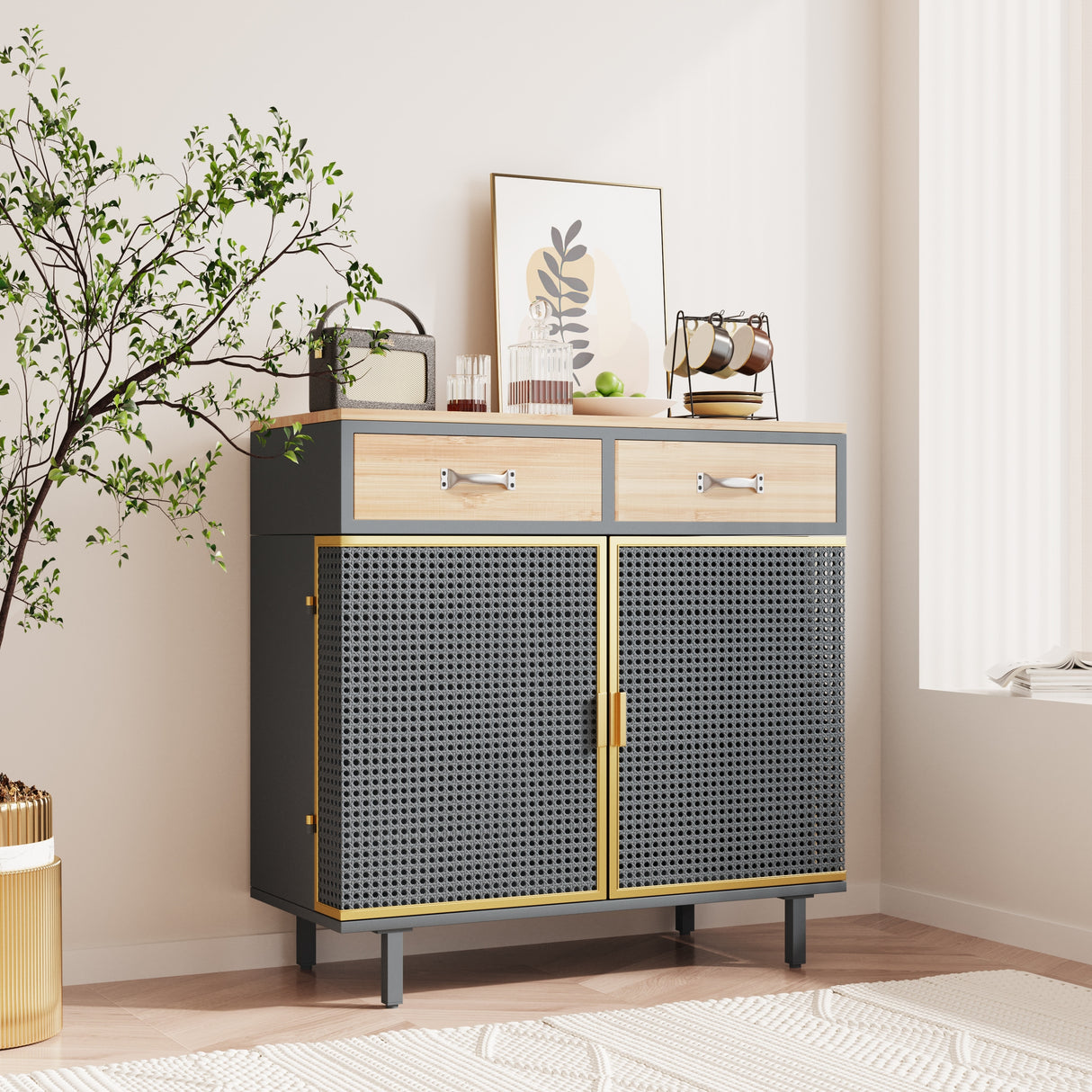 31.5'' W Credenzas and Sideboards, Buffet Cabinet with 2 Drawers and Cabinet, Made of Iron and Carbonized Bamboo