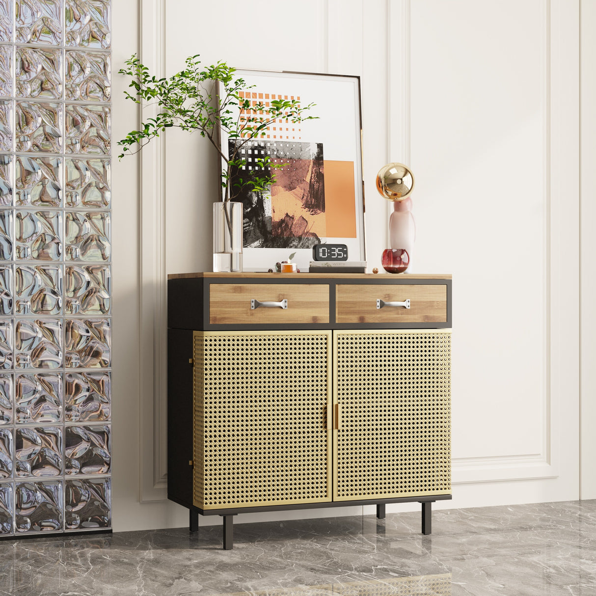 31.5'' W Credenzas and Sideboards, Buffet Cabinet with 2 Drawers and Cabinet, Made of Iron and Carbonized Bamboo