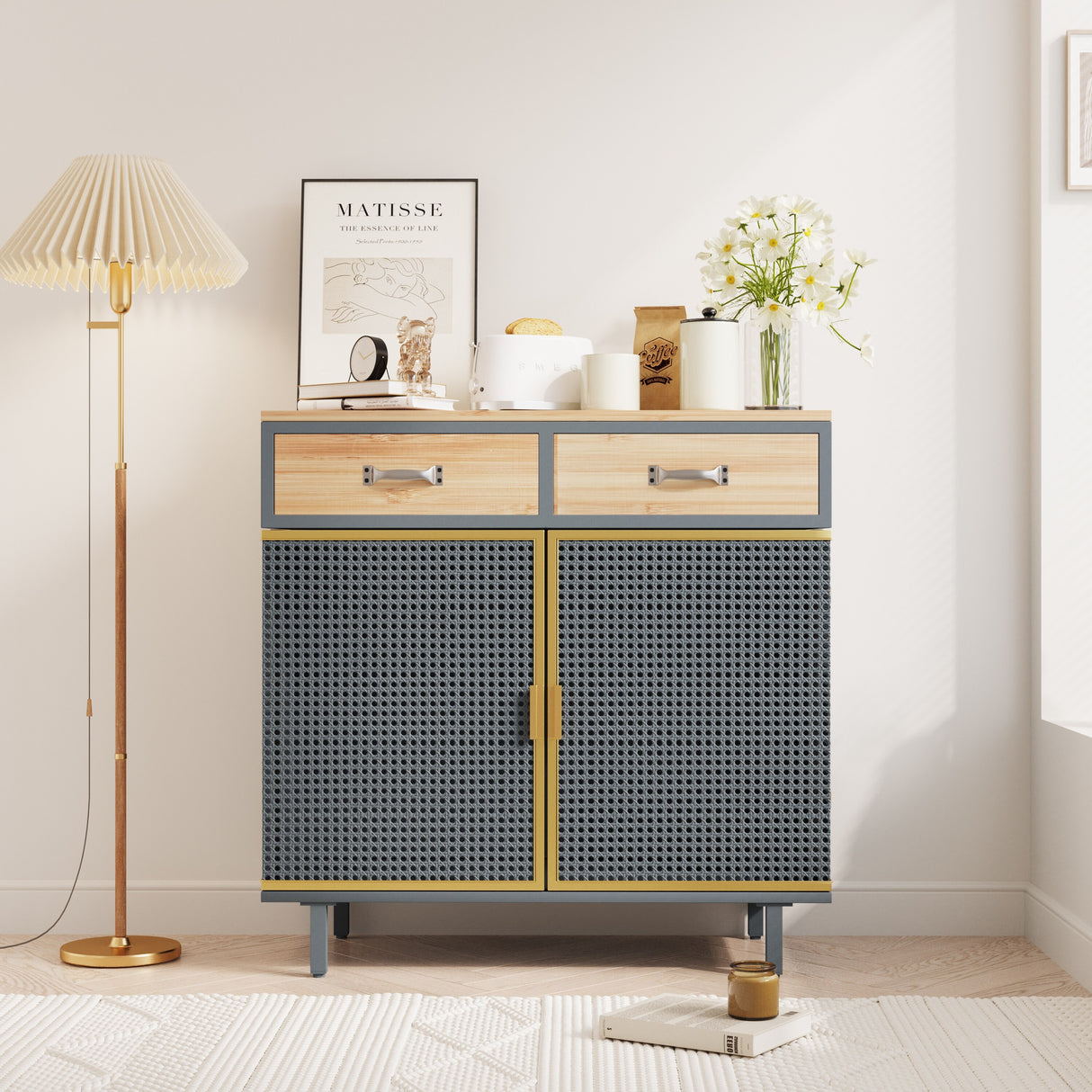 31.5'' W Credenzas and Sideboards, Buffet Cabinet with 2 Drawers and Cabinet, Made of Iron and Carbonized Bamboo
