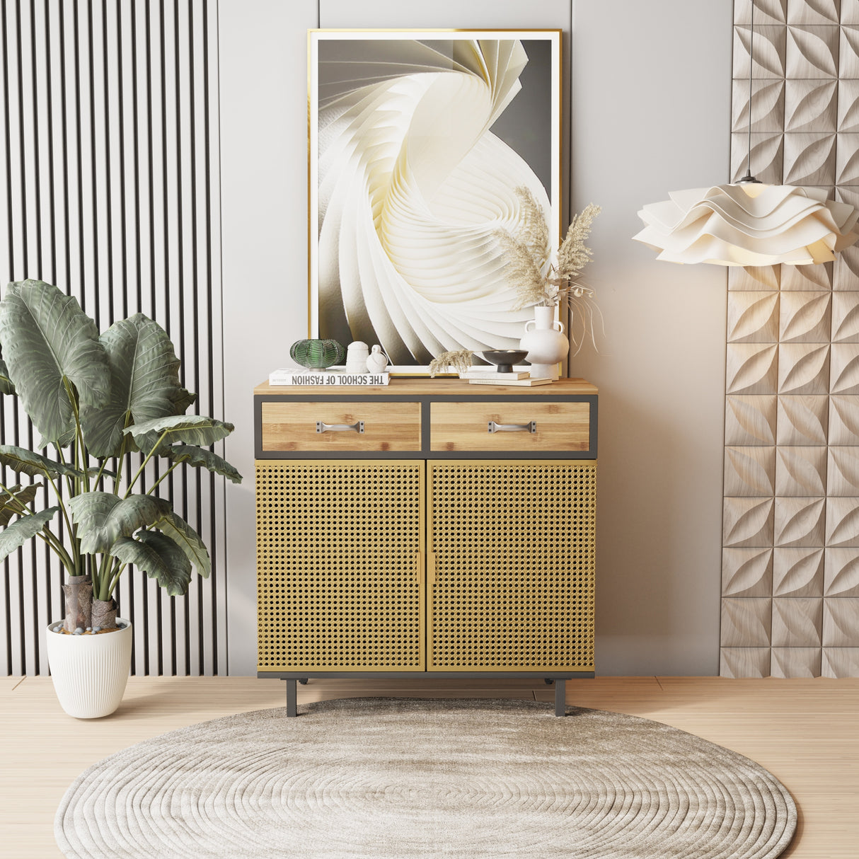 31.5'' W Credenzas and Sideboards, Buffet Cabinet with 2 Drawers and Cabinet, Made of Iron and Carbonized Bamboo