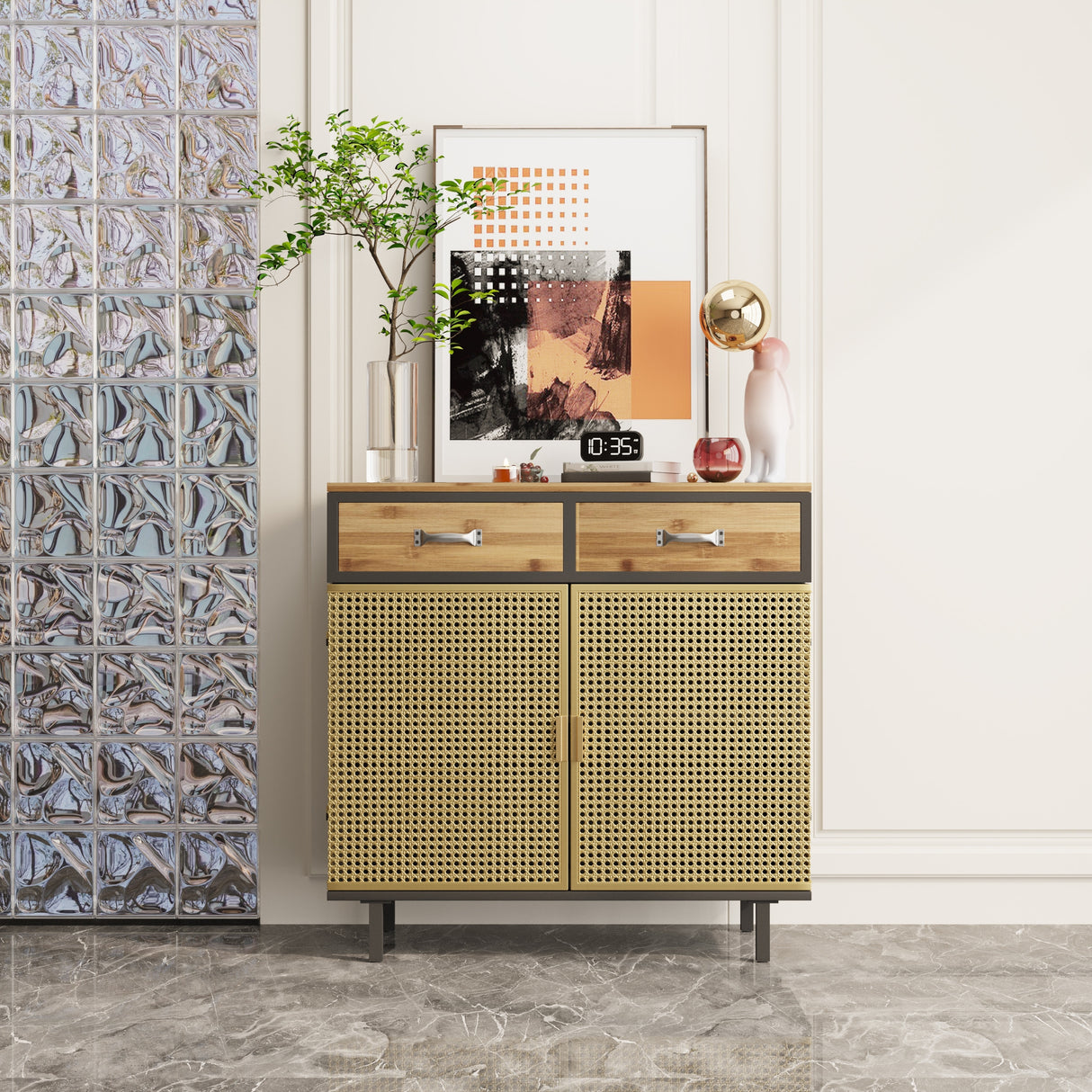 31.5'' W Credenzas and Sideboards, Buffet Cabinet with 2 Drawers and Cabinet, Made of Iron and Carbonized Bamboo