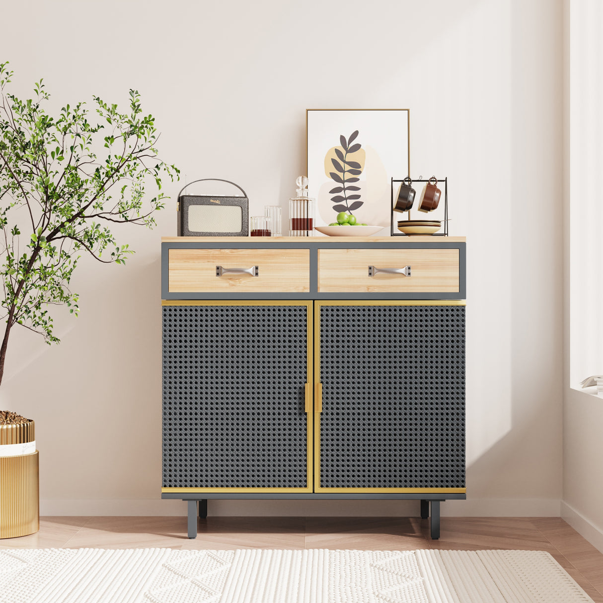 31.5'' W Credenzas and Sideboards, Buffet Cabinet with 2 Drawers and Cabinet, Made of Iron and Carbonized Bamboo