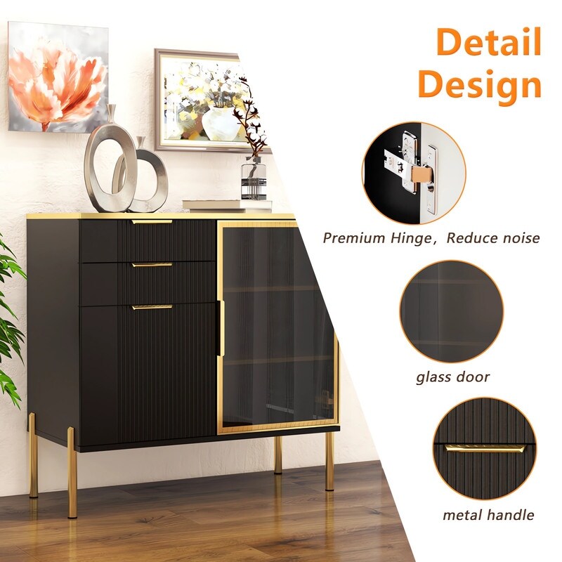 31"w Side Cabinet With Doors And Drawer, Black Corrugated Sideboard, Storage Cabinets