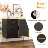 31"w Side Cabinet With Doors And Drawer, Black Corrugated Sideboard, Storage Cabinets