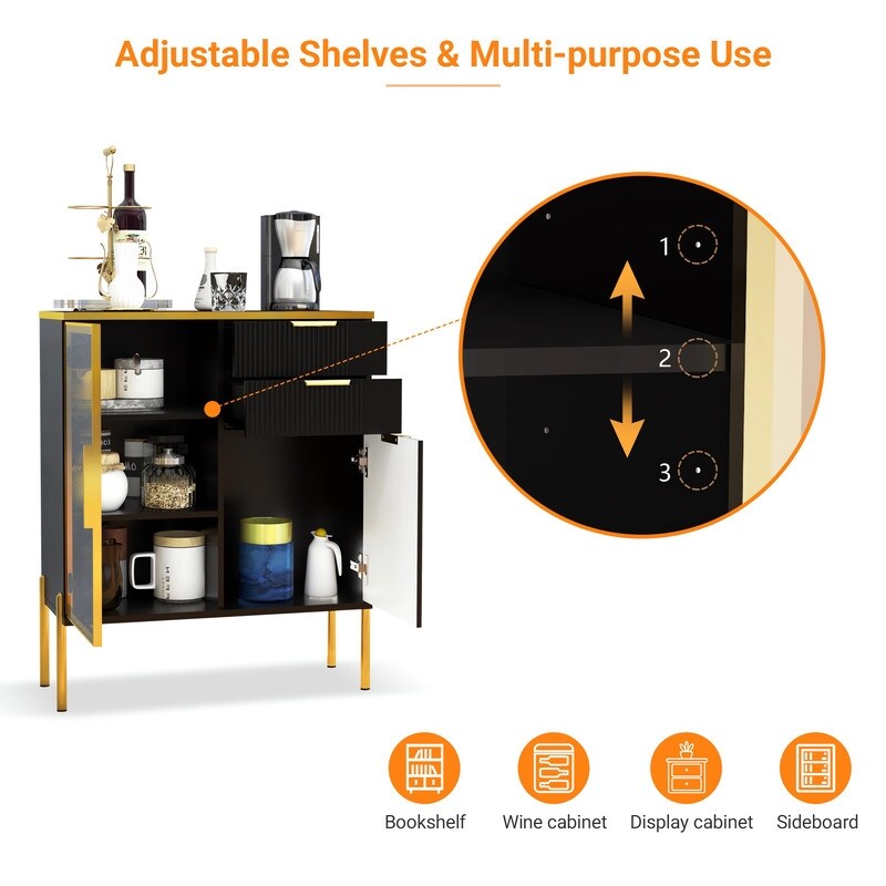 31"w Side Cabinet With Doors And Drawer, Black Corrugated Sideboard, Storage Cabinets