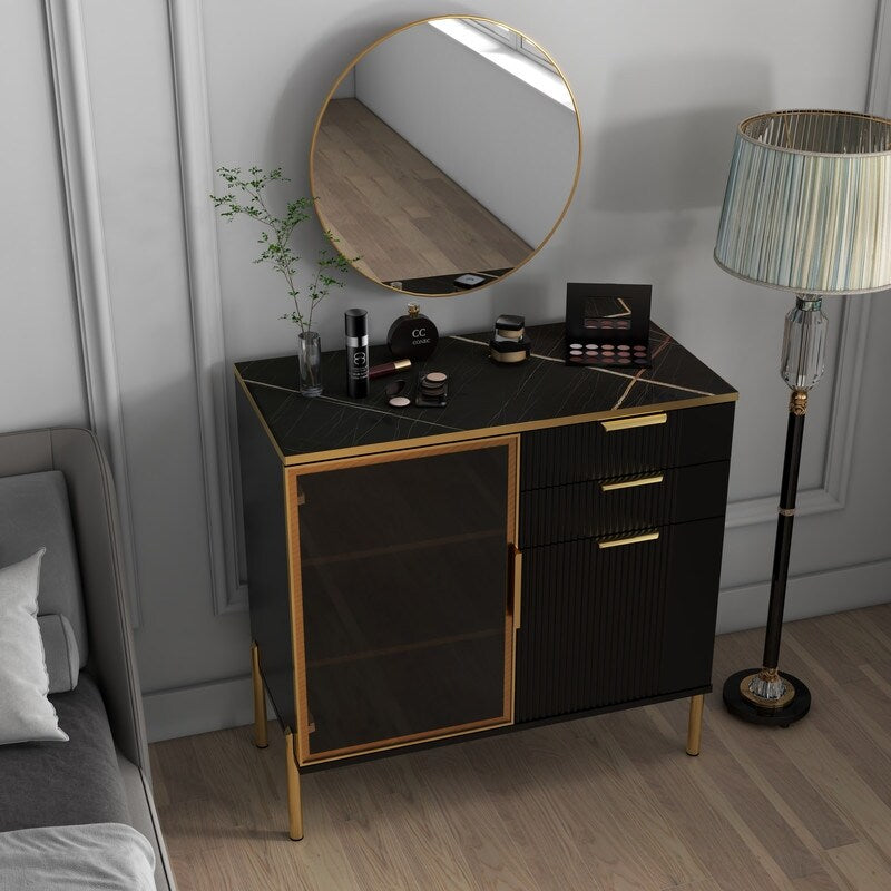 31"w Side Cabinet With Doors And Drawer, Black Corrugated Sideboard, Storage Cabinets