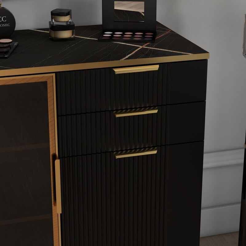 31"w Side Cabinet With Doors And Drawer, Black Corrugated Sideboard, Storage Cabinets