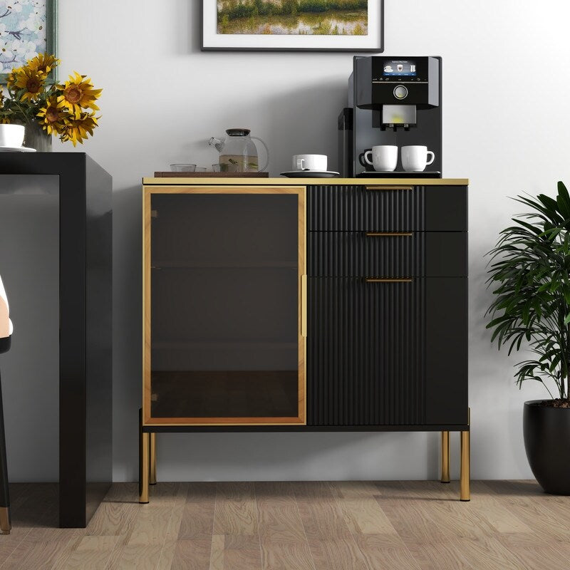 31"w Side Cabinet With Doors And Drawer, Black Corrugated Sideboard, Storage Cabinets