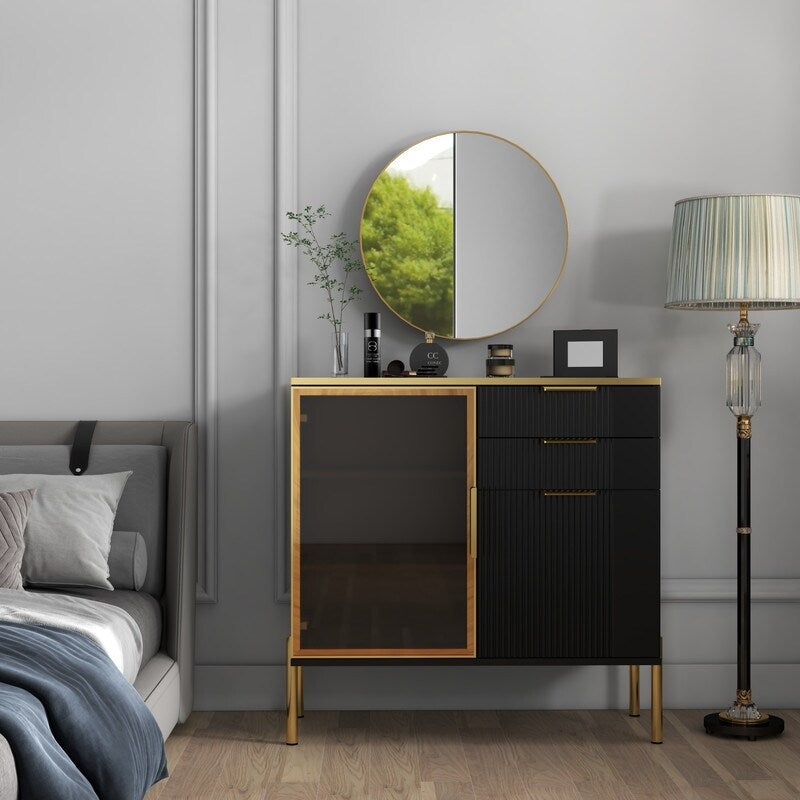 31"w Side Cabinet With Doors And Drawer, Black Corrugated Sideboard, Storage Cabinets