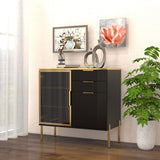 31"w Side Cabinet With Doors And Drawer, Black Corrugated Sideboard, Storage Cabinets