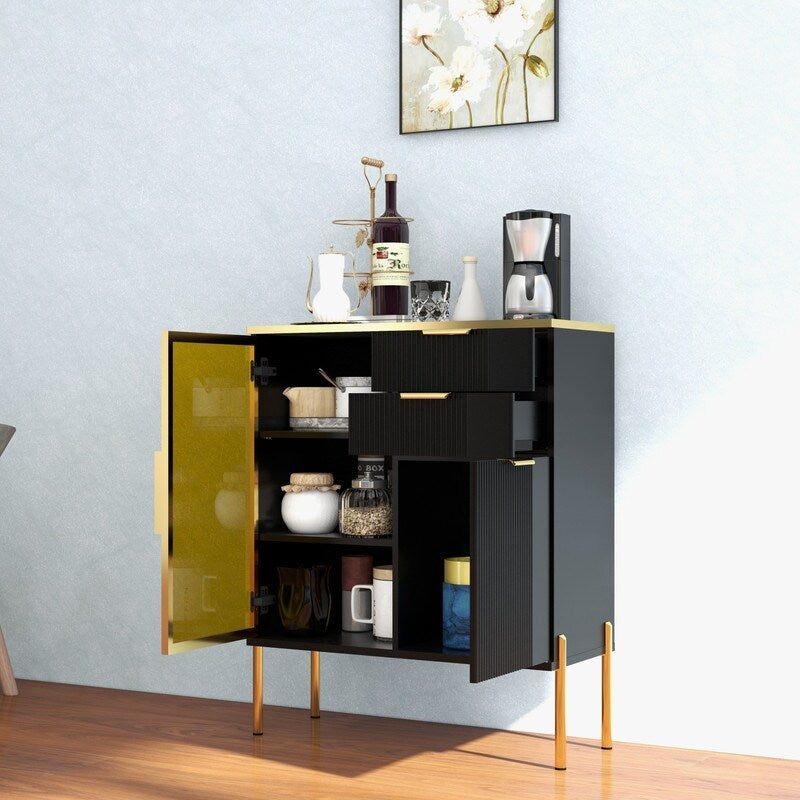 31"w Side Cabinet With Doors And Drawer, Black Corrugated Sideboard, Storage Cabinets