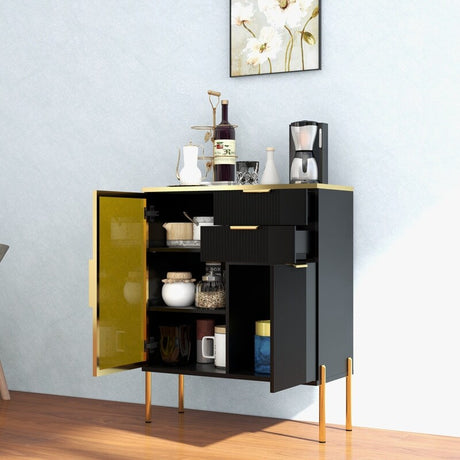 31"w Side Cabinet With Doors And Drawer, Black Corrugated Sideboard, Storage Cabinets