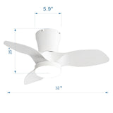 32 Inch Flush Mount LED Ceiling Fan with Lights Remote(3-Blade)