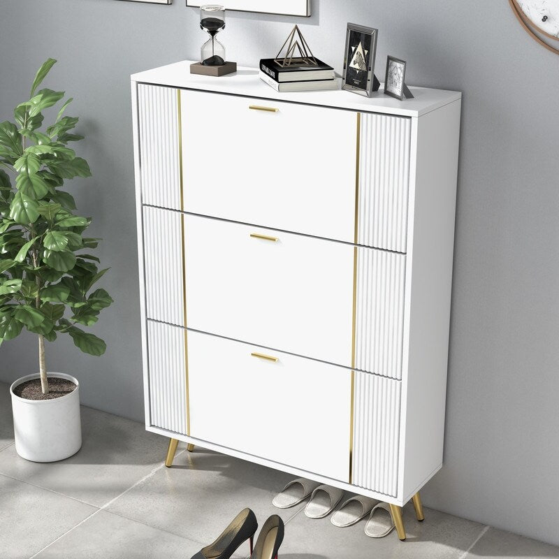 32 "W Entrance Flip Shoe Cabinet with Gold Stripe, 3 Drawers Light Luxury Vertical Shoe Rack