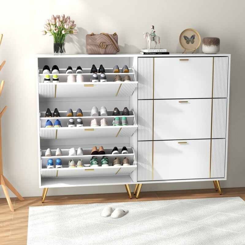 32 "W Entrance Flip Shoe Cabinet with Gold Stripe, 3 Drawers Light Luxury Vertical Shoe Rack