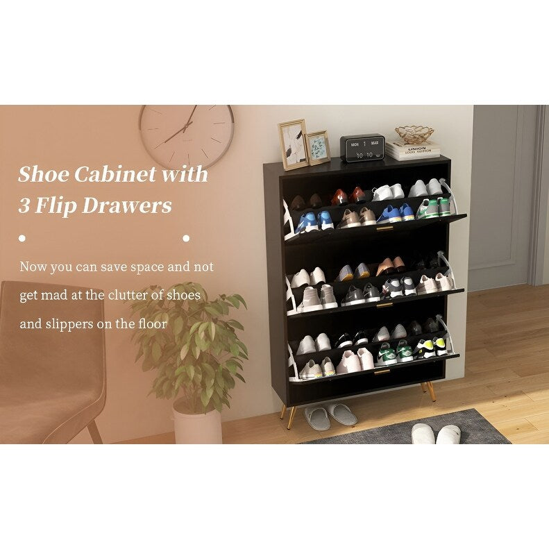 32 "W Entrance Flip Shoe Cabinet with Gold Stripe, 3 Drawers Light Luxury Vertical Shoe Rack