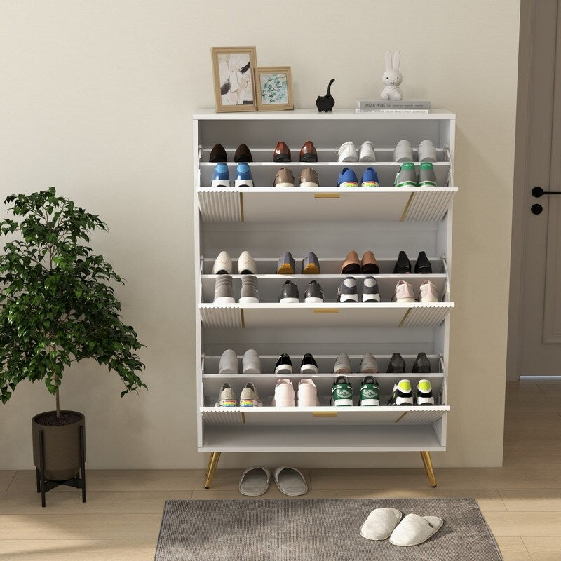 32 "W Entrance Flip Shoe Cabinet with Gold Stripe, 3 Drawers Light Luxury Vertical Shoe Rack