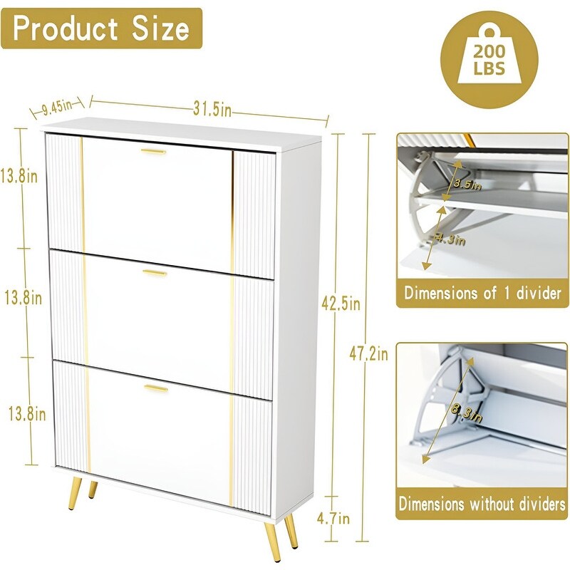 32 "W Entrance Flip Shoe Cabinet with Gold Stripe, 3 Drawers Light Luxury Vertical Shoe Rack