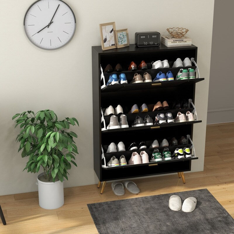 32 "W Entrance Flip Shoe Cabinet with Gold Stripe, 3 Drawers Light Luxury Vertical Shoe Rack