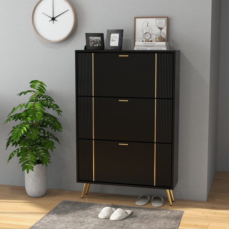 32 "W Entrance Flip Shoe Cabinet with Gold Stripe, 3 Drawers Light Luxury Vertical Shoe Rack