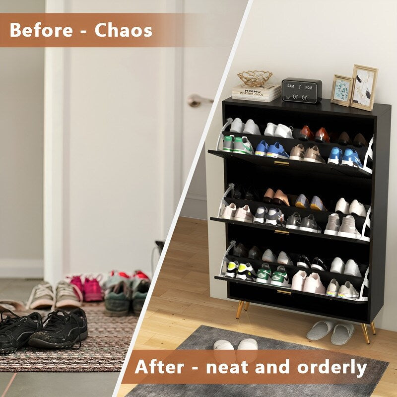 32 "W Entrance Flip Shoe Cabinet with Gold Stripe, 3 Drawers Light Luxury Vertical Shoe Rack